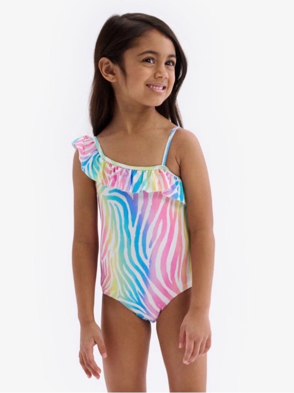 Hatley Kids | Rainbow Zebra Print Asymmetrical One-Piece Swimsuit Girl Size 8-10